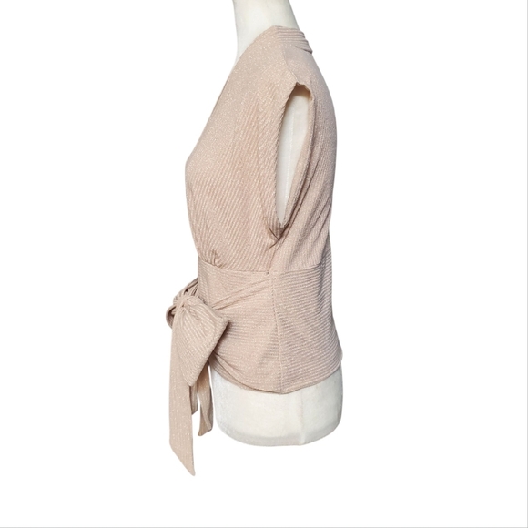 Express Beige Metallic Ribbed Faux Wrap Tie Front Top Size Medium - Picture 6 of 13